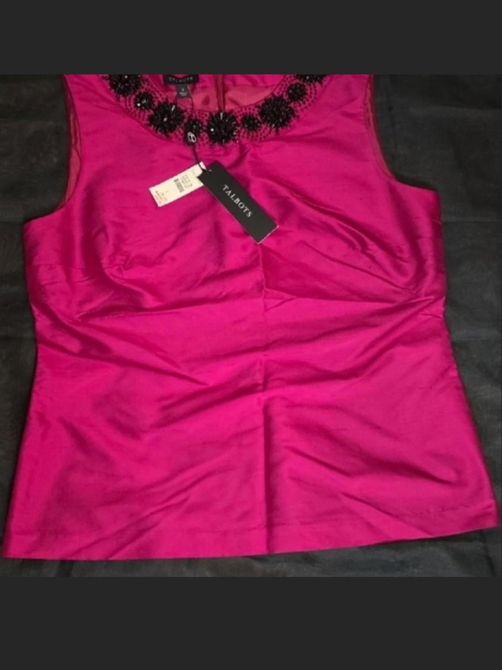 # 216 NWT Talbots 100% Silk Fuchsia Pink Beaded Bejeweled Sleeve Size 2